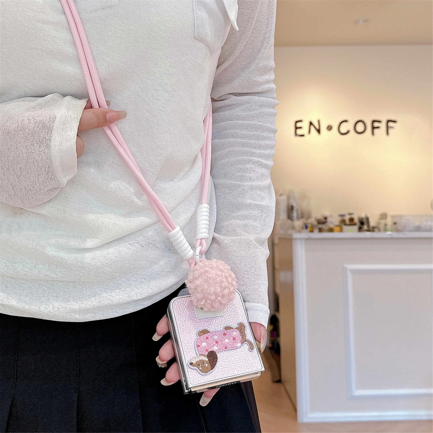 Samsung Z Flip6 Cartoon Dachshund Case, Crossbody Pink Leather