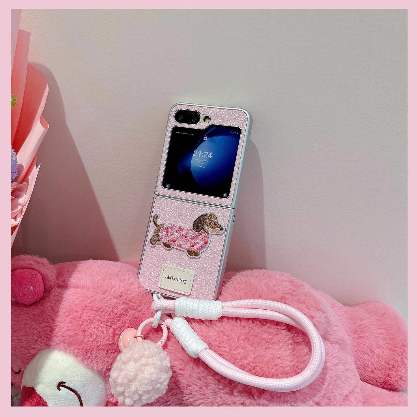 Samsung Z Flip6 Cartoon Dachshund Case, Crossbody Pink Leather