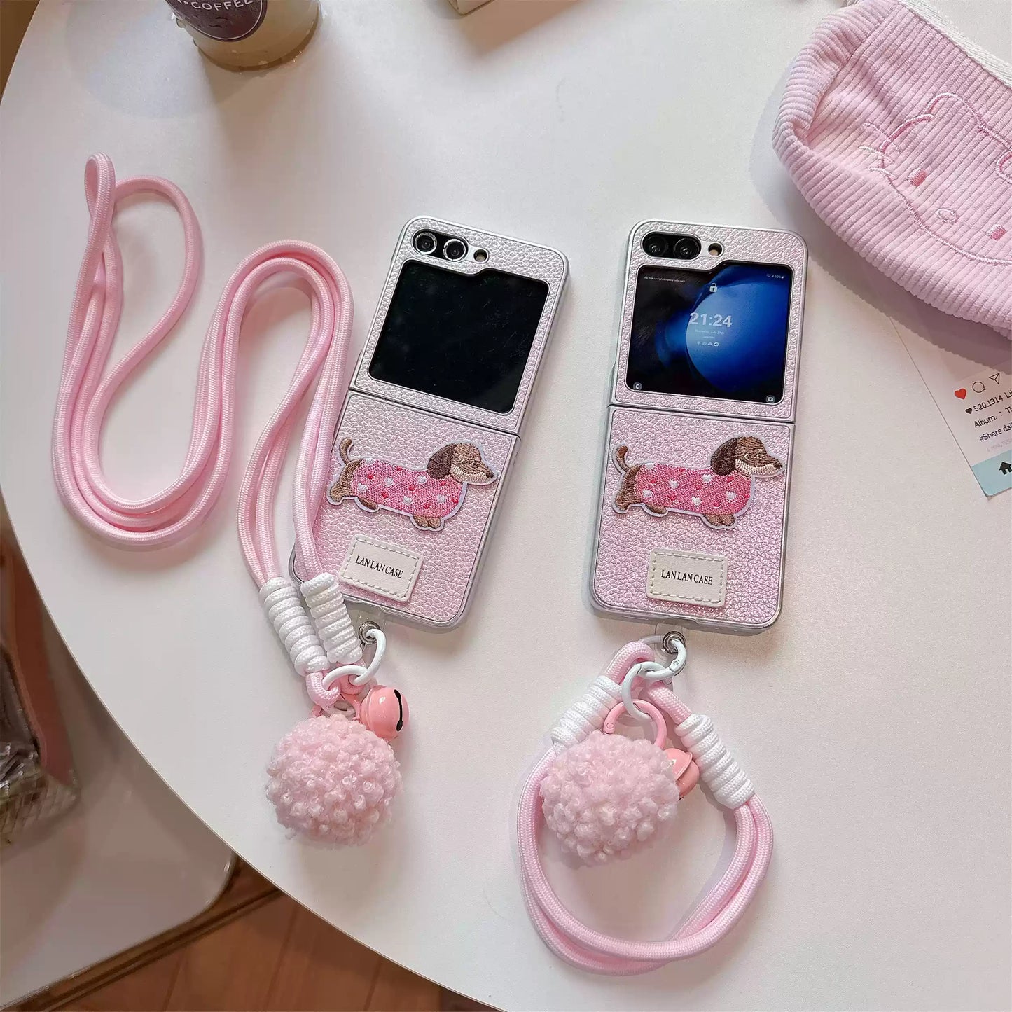 Samsung Z Flip6 Cartoon Dachshund Case, Crossbody Pink Leather