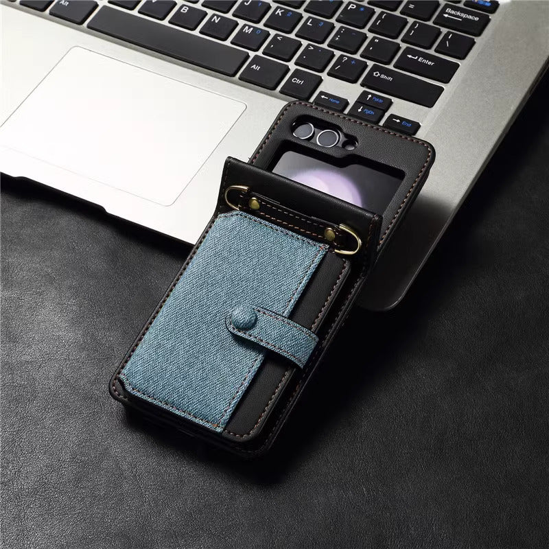 Samsung Z Flip Series: Chic Leather Wallet Case with Strap