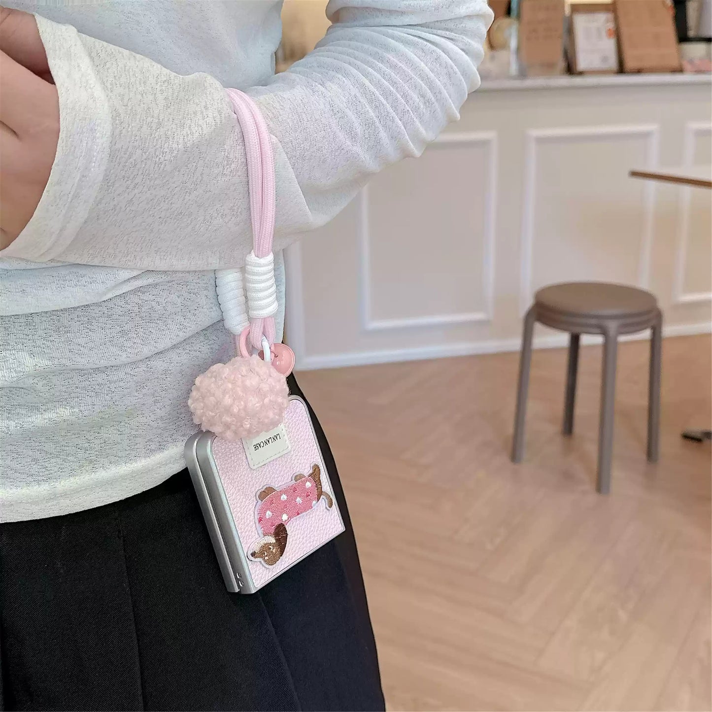 Samsung Z Flip6 Cartoon Dachshund Case, Crossbody Pink Leather