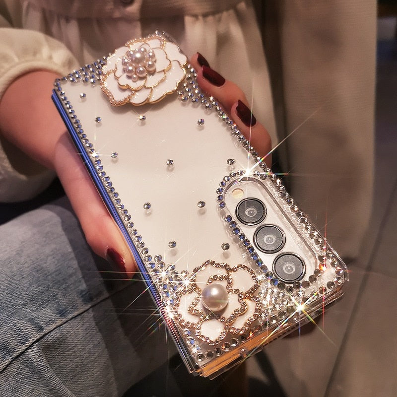 Bling Rhinestone Flower Transparent Hard PC Phone Cover For Samsung Galaxy Z Fold