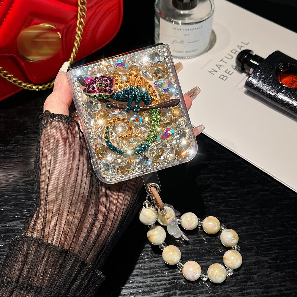 Rhinestone Chameleon Hang Bead Bracelet Phone Case For Samsung Galaxy Z
