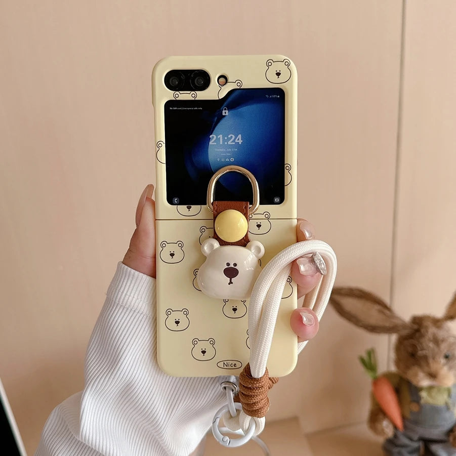 Cute 3D Bear Case with Hand Strap for Galaxy Z Flip 6/5/4/3 | Lanyard Ring & Shockproof Cover
