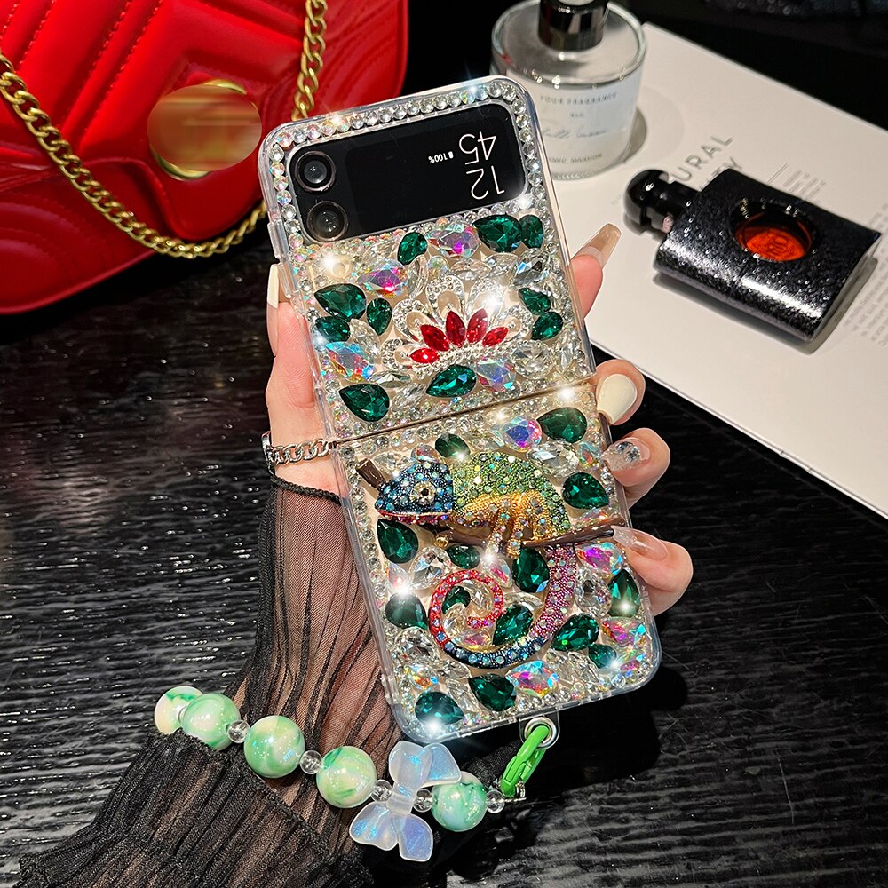 Rhinestone Chameleon Hang Bead Bracelet Phone Case For Samsung Galaxy Z