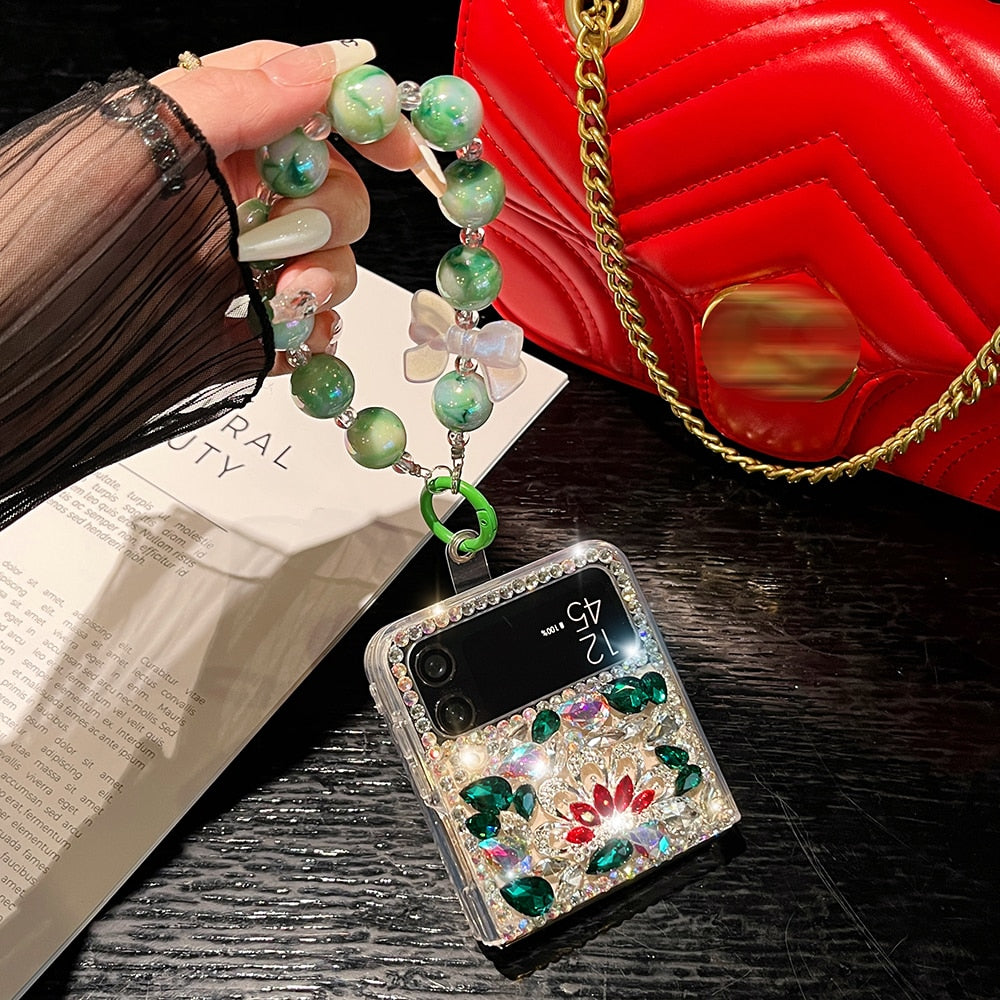 Rhinestone Chameleon Hang Bead Bracelet Phone Case For Samsung Galaxy Z