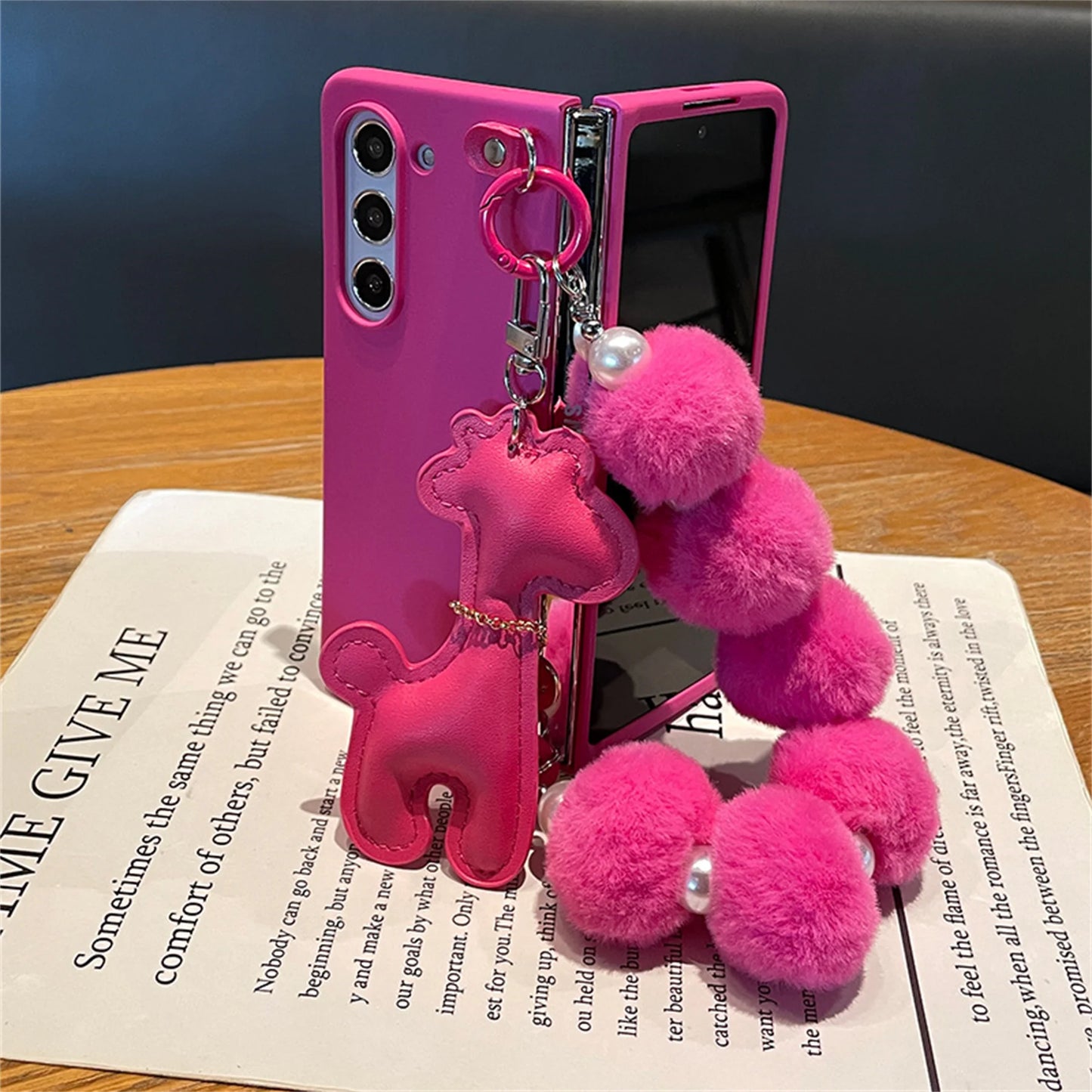 Luxury Giraffe Pendant Case with Hairball Plush Ball Pearl Chain for Galaxy Z Fold