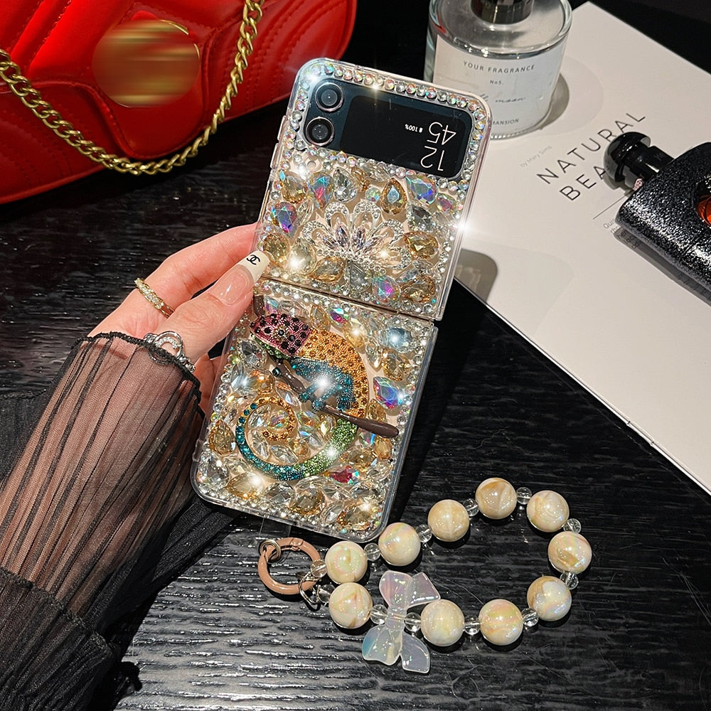 Rhinestone Chameleon Hang Bead Bracelet Phone Case For Samsung Galaxy Z