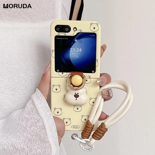Cute 3D Bear Case with Hand Strap for Galaxy Z Flip 6/5/4/3 | Lanyard Ring & Shockproof Cover