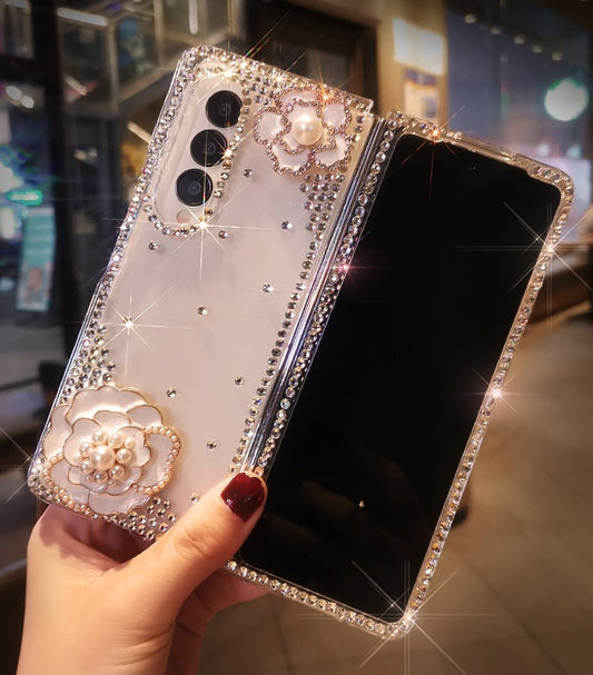 Bling Rhinestone Flower Transparent Hard PC Phone Cover For Samsung Galaxy Z Fold