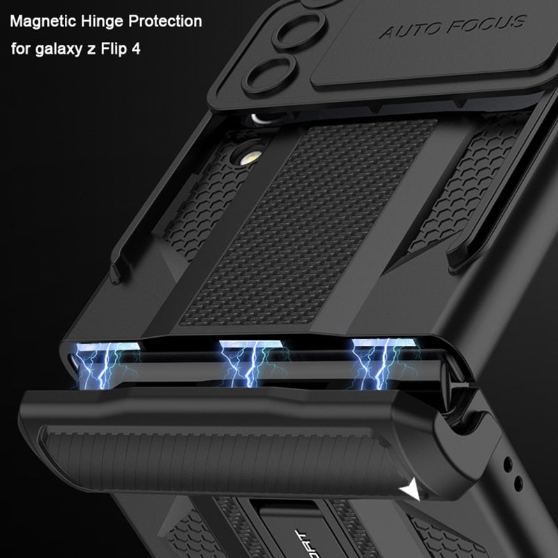 Bracket Hard Shockproof Armor with Magnetic Hinge Slide Lens Cover For Samsung Galaxy Z Flip 4 5G